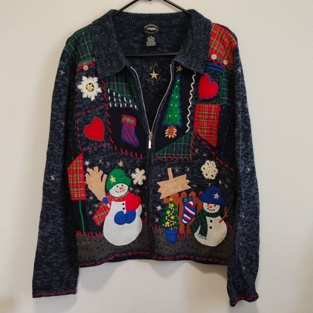 Navy Blue Embroidered Zip-up Ugly Snowmen Christmas Cardigan | Women's M